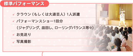 標準パフォーマンス クラウン(もしくは大道芸人)1人派遣、パフォーマンスショー1回分(ジャグリング、皿回し、ローリングバランス等々)、お見送り、写真撮影